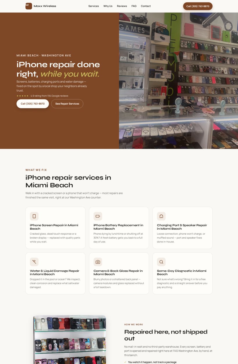 Website designed by Pixel & Palm for a Miami Beach iPhone repair shop