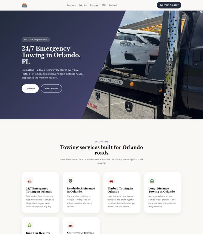ORLANDO TOWING 24/7 GRUA ACTIVO website concept