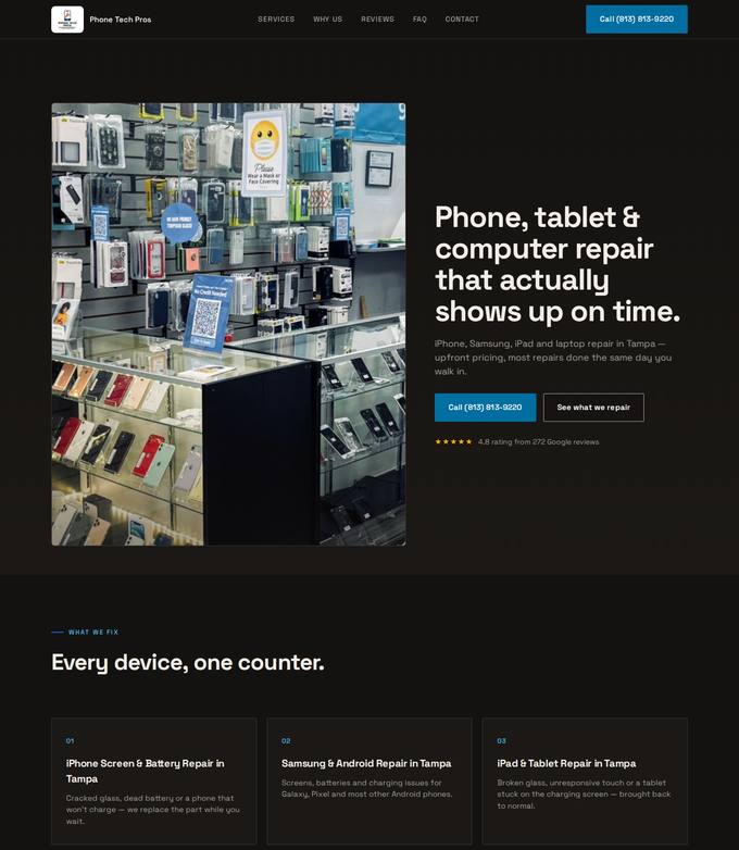 Phone Tech Pros | iPhone Repair | Computer & Tablet Repair Store website concept